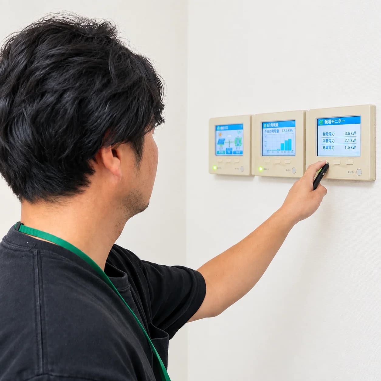 室内の発電モニターを確認する技術者