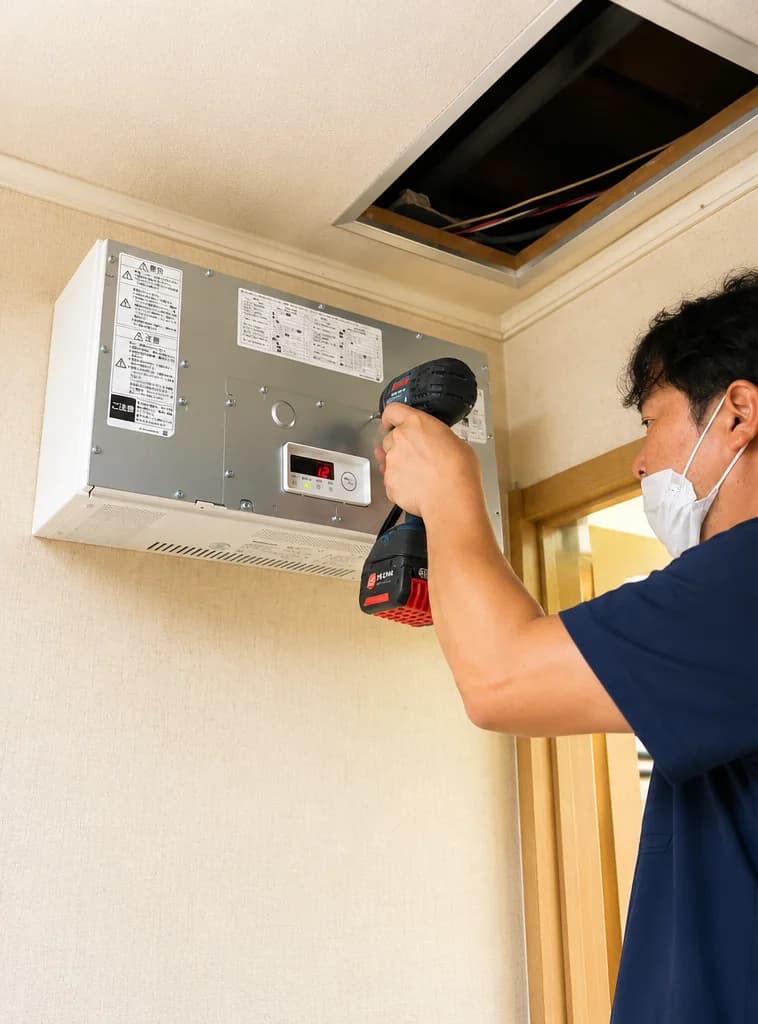 室内のパワーコンディショナーを作業する技術者